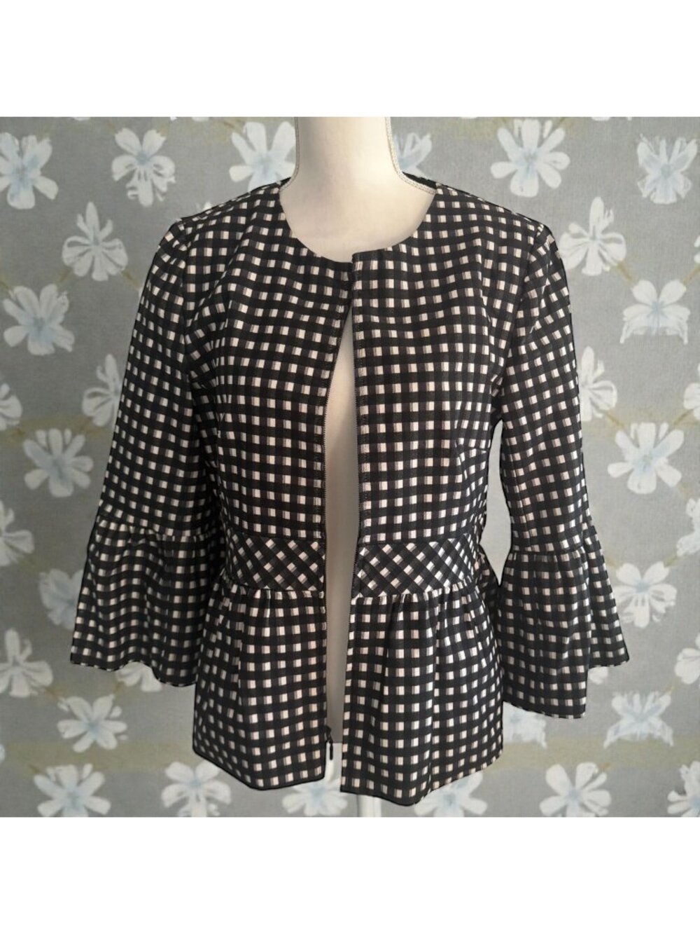 NANETTE LEPORE Black White Gingham Plaid Peplum Blazer Jacket Size 14
